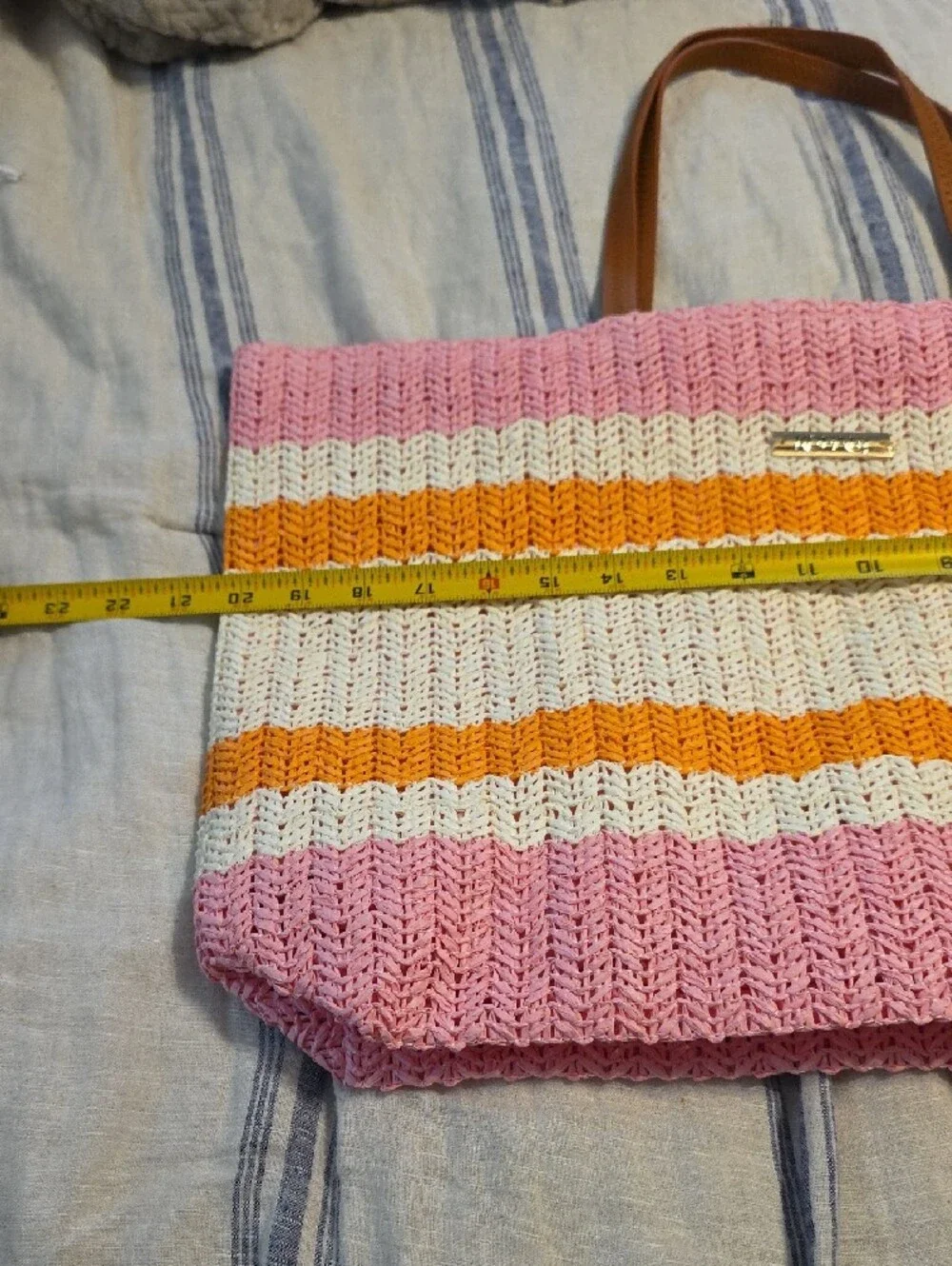 Kopari Pink, Orange & White Striped Woven Tote with Tan Handles